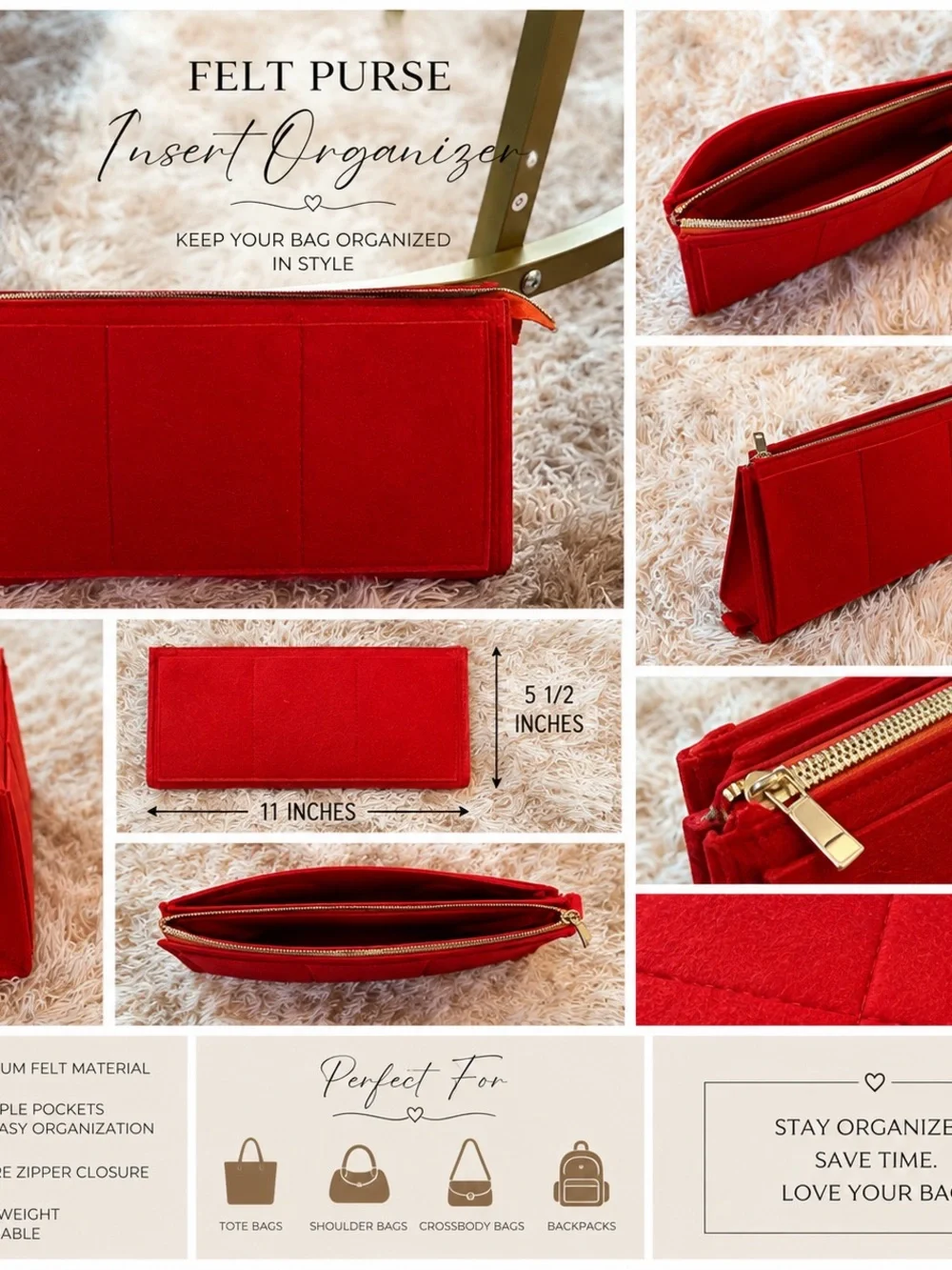 Red Felt Purse Insert Organizer